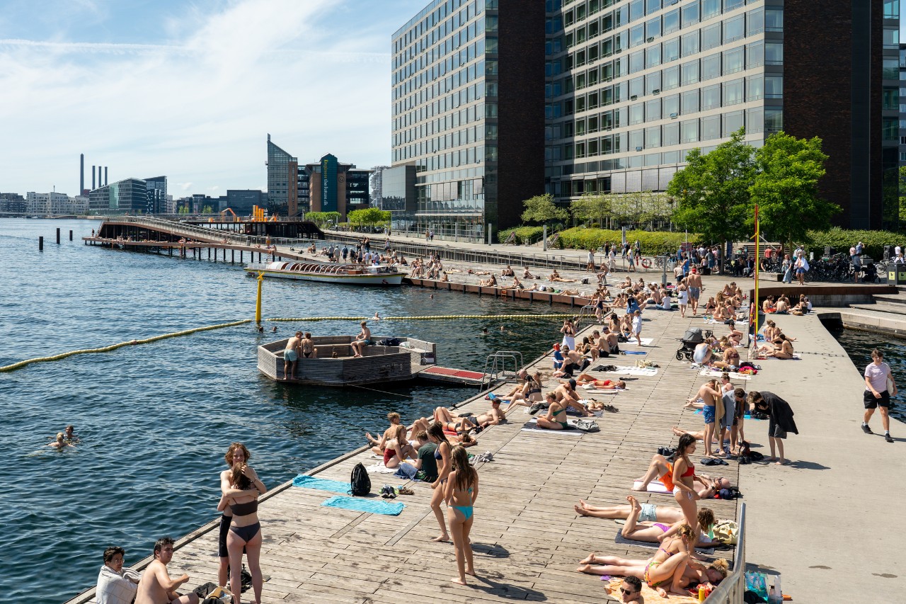 Copenhagen, Denmark - June 30, 2022: People enjoying the sun at Kalvebod Wave, a wooden promenade at the harbour waterfront
